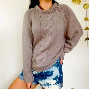 Nanette Lepore Taupe Cable Knit Wool Cashmere Blend Mock Neck Sweater Size Large